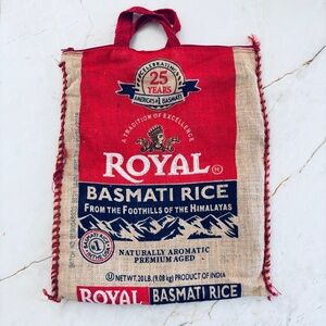 Large Woven Burlap Zippered Bag Tote w/ Handles Royal Basmati Rice Bag Red & Tan